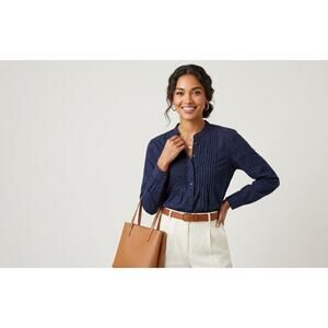 GAP 2017 Navy Blue Pleated Pintuck Lightweight Top Long Sleeve Business Casual
